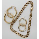 Two pairs of 9ct gold creole earrings and a 9ct curb link bracelet, length 22cm, weight combined