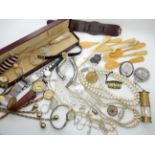 Vintage watches (af) costume jewellery, a shooting medal, bone spoons etc Condition Report: Not