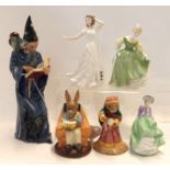 Four Royal Doulton figures including The Wizard HN2877, Charmed, Fair Maiden and Top O The Hill