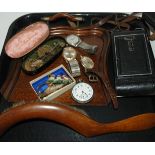 A tray lot including sovereign scale, crumb brush and tray, vintage camera, binoculars, wristwatches