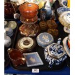 Carnival glass sugar bowl and jug, barometer, blue and white teapot etc Condition Report: