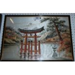 An oriental style needlework picture, 27 x 42cm, three hand fans and two needlework pictures