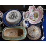 Four Victorian transfer printed stands with scenes from Dickens, a Bisque pot cover and stand and