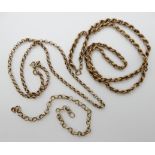 A 9ct rope chain, length 50cm, a 9ct belcher chain, length 40cm and a small piece of 9ct belcher