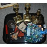 A tray lot including pair of brass candle sticks, puppet, bronze plaque, modern marbles etc