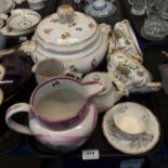 A Derby tureen and cover painted with flowers, a Sunderland lustre jug (af), Spode cup and saucer