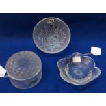 Three modern pieces of Lalique including a bowl with cow parsley decoration, a lidded box and a