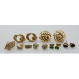 Seven pairs of 9ct gold and yellow metal earrings to include Russian diopside studs, peridot and