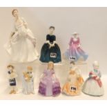 Six Royal Doulton figures including Carol, gold pen signed by Michael Doulton, The Rag Doll, Cherie,