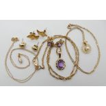 A 9ct gold rope chain with amethyst pendant and matching earrings, a 9ct pearl pendant and chain,