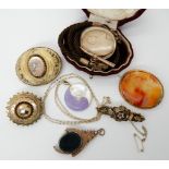 A Victorian balloon brooch set with a rose cut diamond, a 9ct gold pearl and gem set brooch,