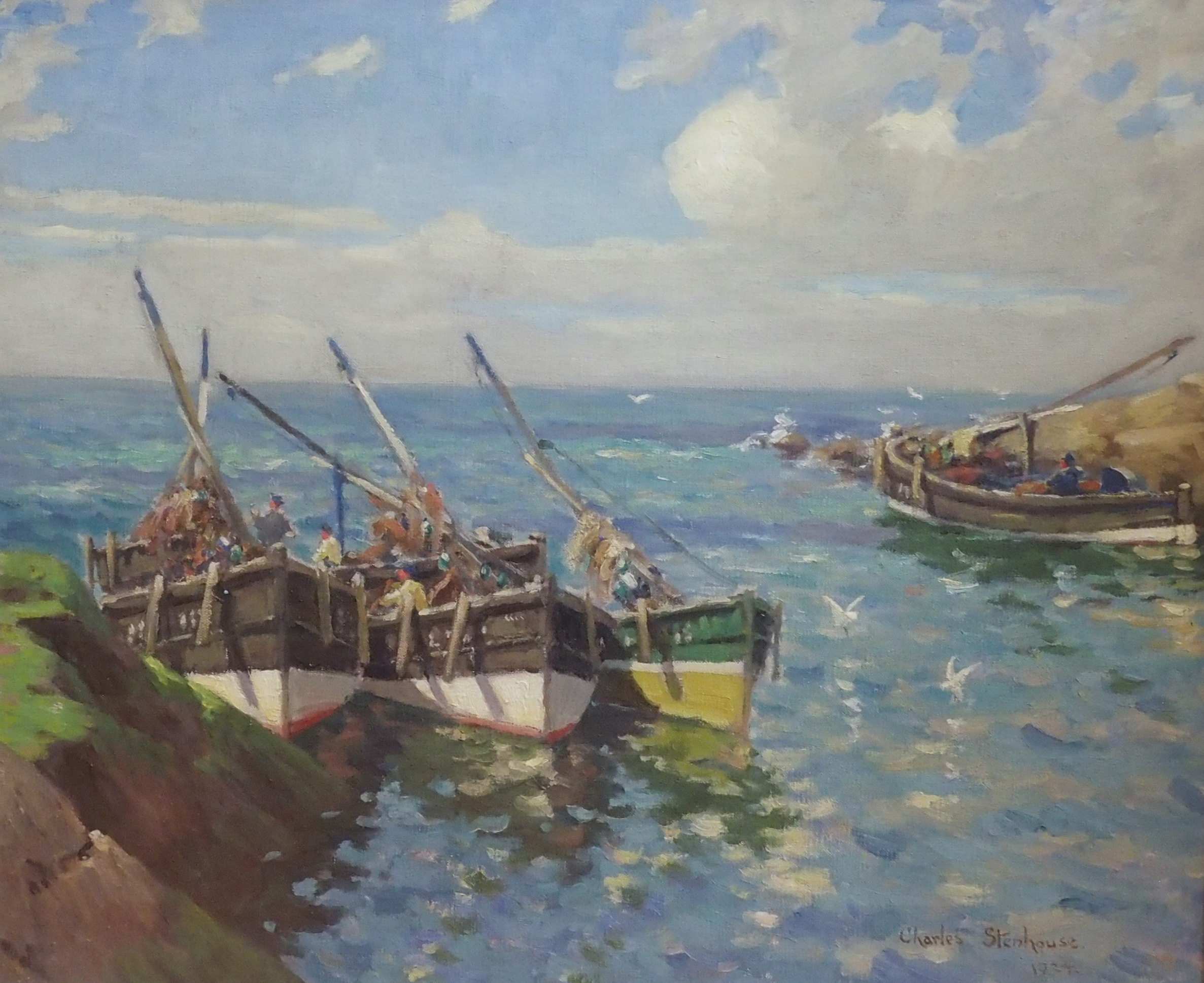 CHARLES STENHOUSE (SCOTTISH 1878-C.1946) FISHING BOATS AT HARBOUR Oil on canvas, signed and dated - Image 7 of 8