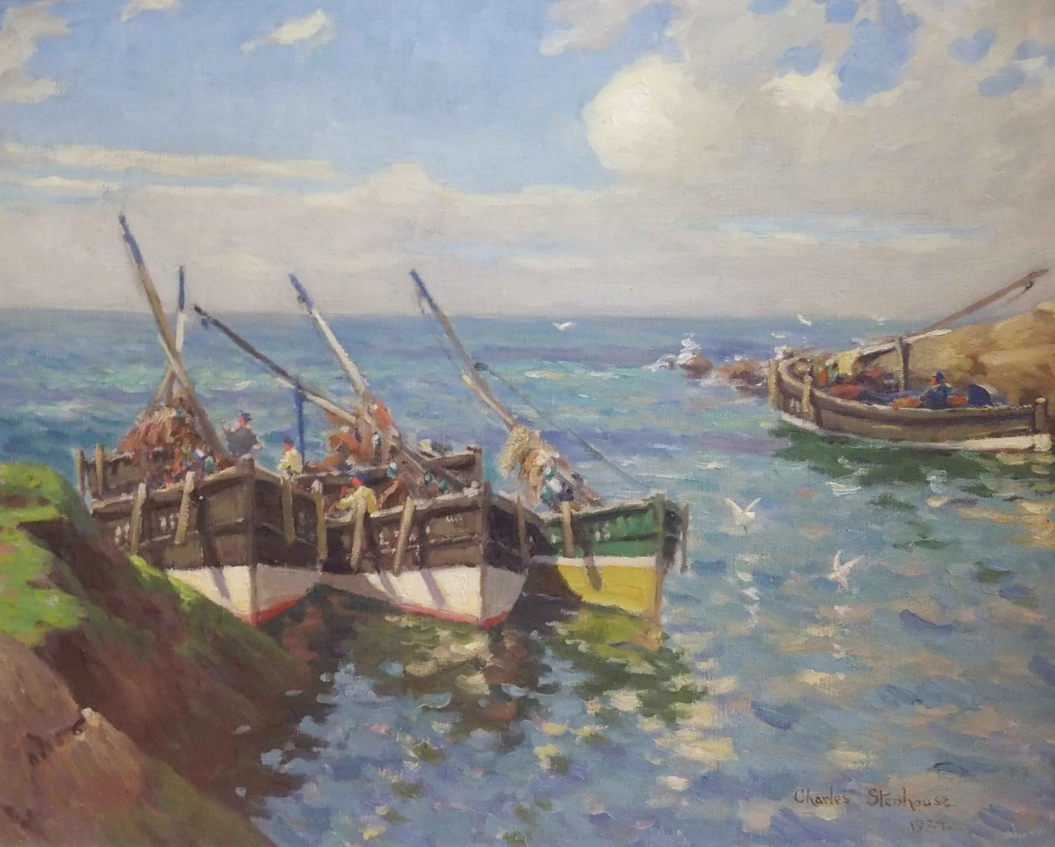 CHARLES STENHOUSE (SCOTTISH 1878-C.1946) FISHING BOATS AT HARBOUR Oil on canvas, signed and dated