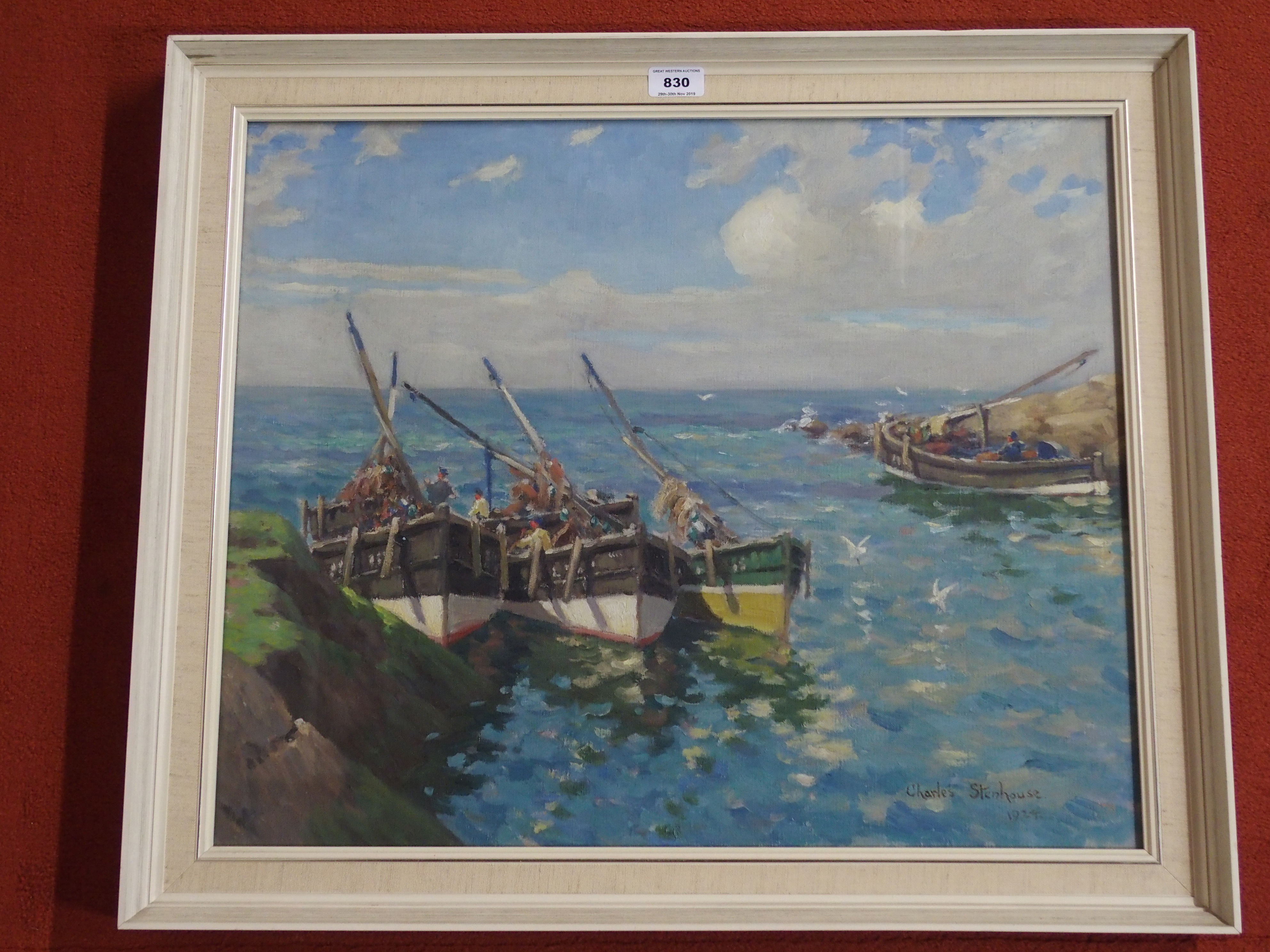 CHARLES STENHOUSE (SCOTTISH 1878-C.1946) FISHING BOATS AT HARBOUR Oil on canvas, signed and dated - Image 5 of 8