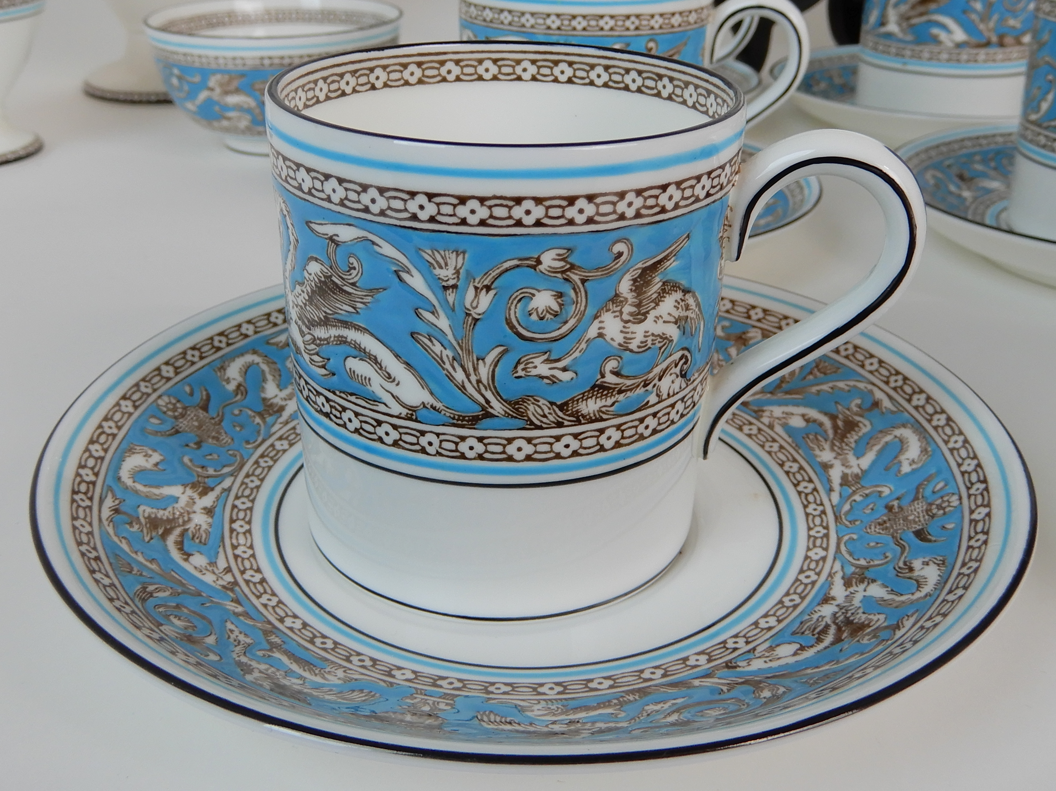 A WEDGWOOD TURQUOISE FLORENTINE COFFEE SET comprising eight cups, six saucers, six plates, milk - Image 2 of 11