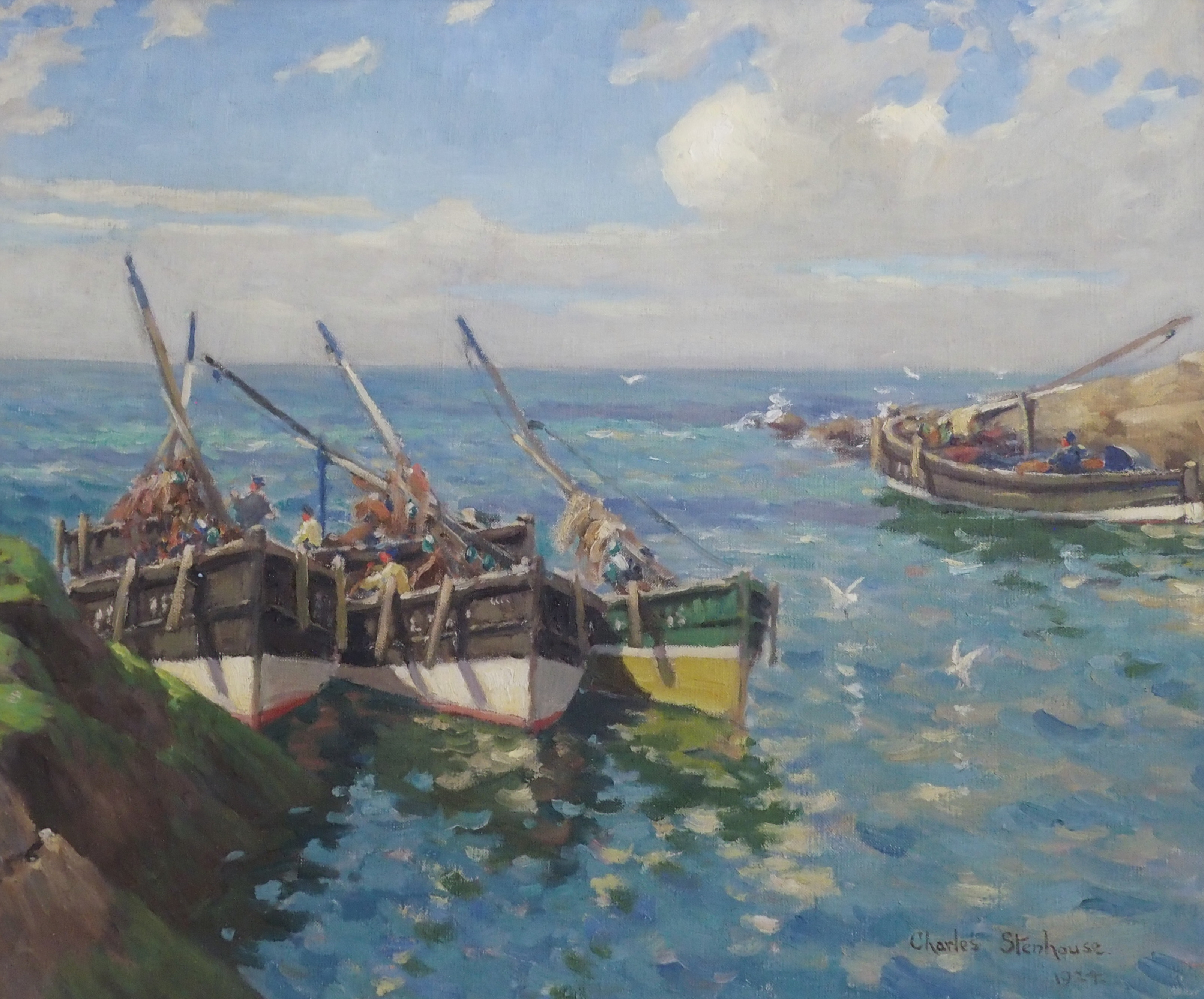 CHARLES STENHOUSE (SCOTTISH 1878-C.1946) FISHING BOATS AT HARBOUR Oil on canvas, signed and dated - Image 8 of 8