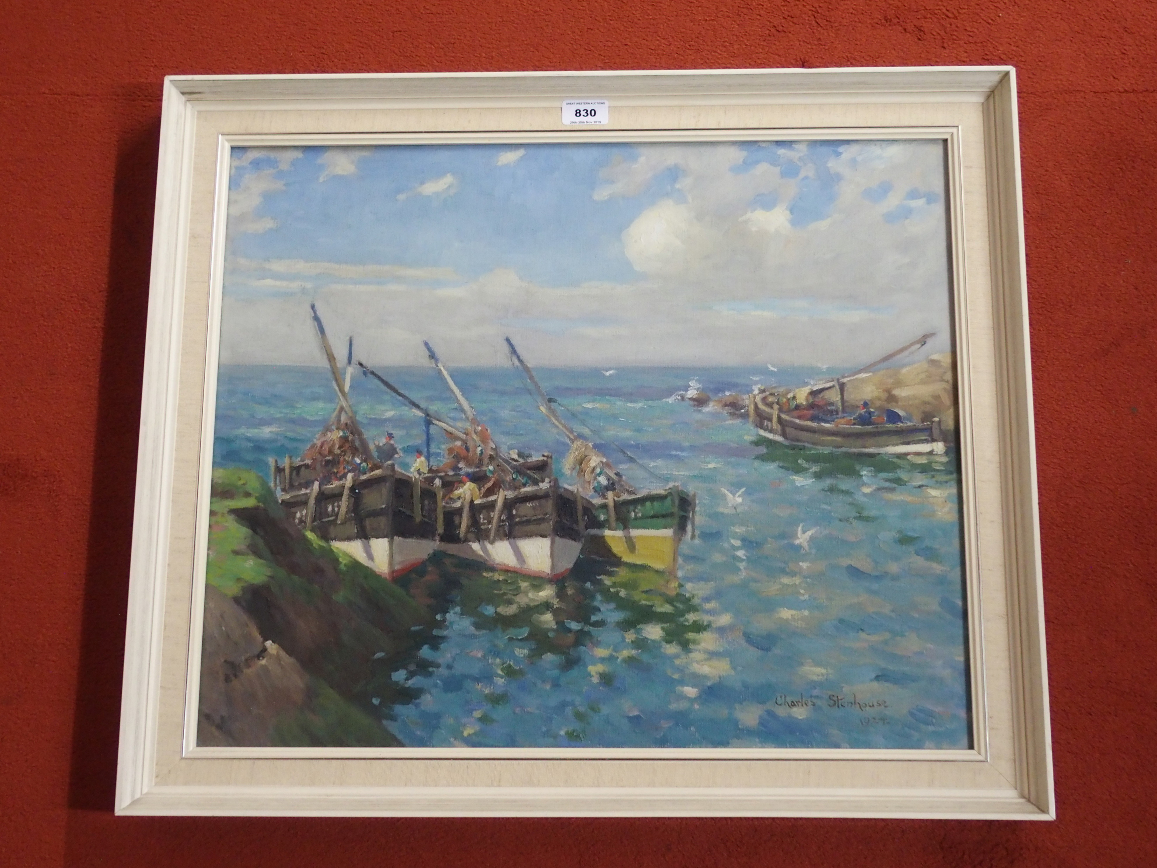 CHARLES STENHOUSE (SCOTTISH 1878-C.1946) FISHING BOATS AT HARBOUR Oil on canvas, signed and dated - Image 3 of 8