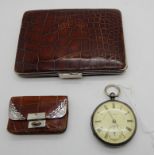 A lot comprising a silver cased pocket watch by John Forrest, a small silver mounted animal skin