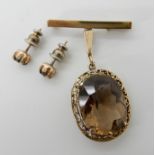 A 14k gold fob brooch with attached yellow metal smoky quartz pendant, together with a pair of 9ct