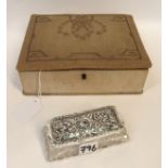 A silver topped glass trinket box together with a Glasgow School style embroidered jewellery box