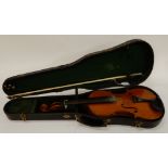 A two piece back violin 35cm with bow (def) and case (AF) Condition Report: Available upon request