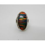 A silver ring set with a large opal triplet with knotwork shoulders size P1/2 Condition Report: