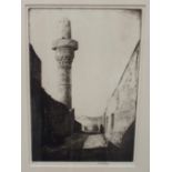 CHARLES W CAIN The Minaret, signed, etching, 24 x 16cm and a foliate floral panel (2) Condition