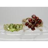 A 10k five peridot ring, size R1/2 and a 9ct gold garnet and diamond accent ring size O, combined