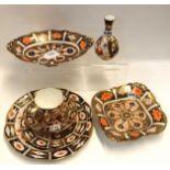 A Royal Crown Derby twin handled dish, another similar of square shape, Davenport bottle vase and