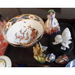 Royal Doulton figure Easter Day, two Royal Crown Derby bird paperweights, Spode imari pattern bowl