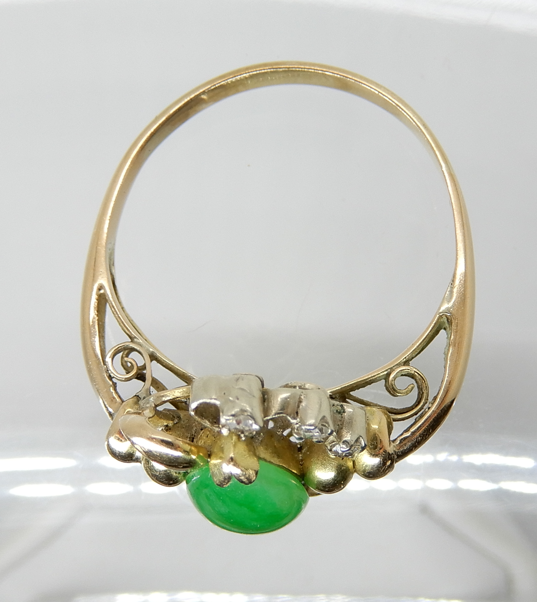 A bright yellow metal Chinese green hardstone and diamond accent ring, size S, weight 4gms Condition - Image 2 of 3