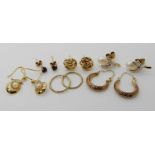 Six pairs of 9ct and yellow metal earrings set with pearls, sapphire etc, combined weight 5.9gms