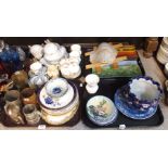 A Spode blue and white plate, other pottery plates, glass rectangular dishes, teawares and