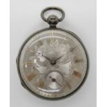 A silver open face pocket watch by Andrew Millar Edinburgh, case dated London 1844, diameter 4.4cm