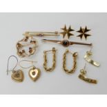 A pair of 18ct gold Maltese cross earrings weight 2.2gms, a collection of 9ct brooches and earrings,