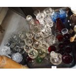 A collection of clear and coloured drinking glasses, vases etc Condition Report: Available upon