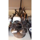 An African pottery food container, a similar vessel, wooden sculptures, pottery vases etc