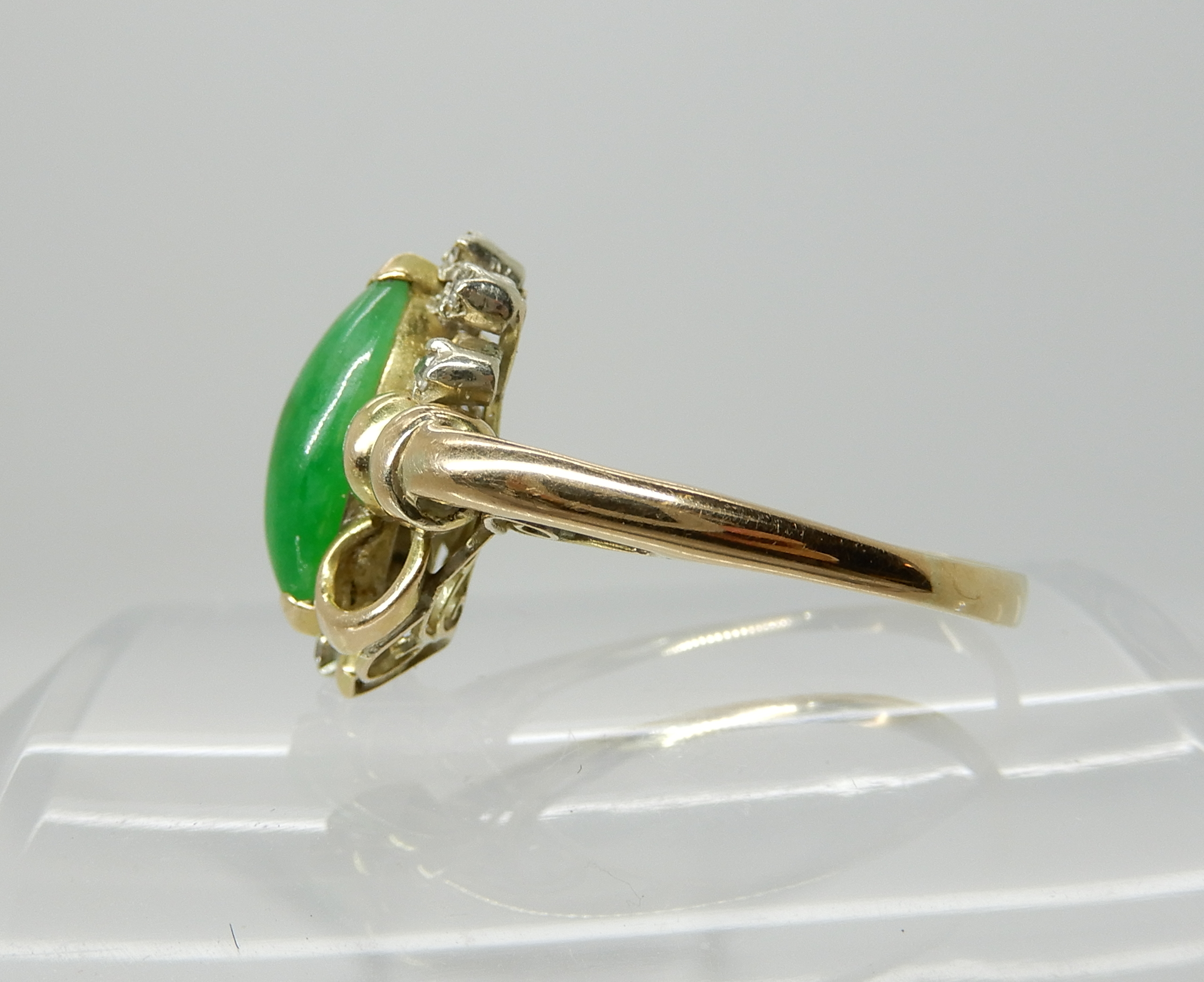 A bright yellow metal Chinese green hardstone and diamond accent ring, size S, weight 4gms Condition - Image 3 of 3
