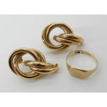 A large pair of 9ct gold knot earrings and a 9ct signet ring size M, combined weight 6.9gms