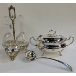 A lot comprising a silver plated three-bottle decanter stand (lacking one decanter) and a silver