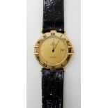 An 18ct gold gents Omega Constellation with a black leather Omega strap and gold plated buckle,