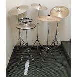 A CB Drums high hat with Lyn cymbals, a Zildjan ZBT 18" cymbal with stand, three other cymbals