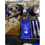A tray lot of EP and metalware - wine cooler, pair of cased silver handled butter knives, a WMF
