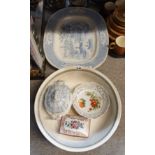 A Limoges porcelain rectangular box with painted flower decoration, pottery washbowl, platter etc