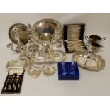 A lot comprising two trays of EP, scent bottle, castor, candlesticks, wine cooler etc (2)