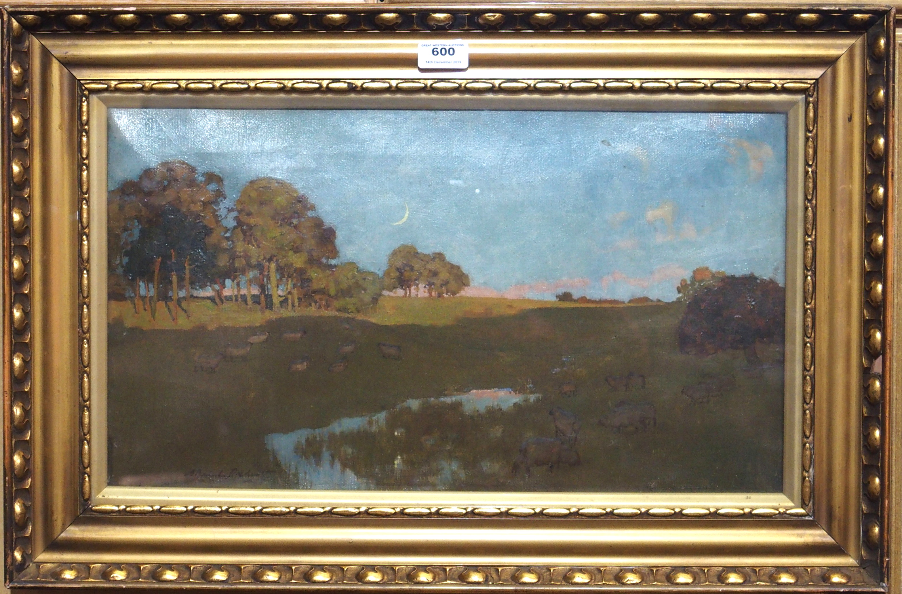 ALEXANDER BROWNLIE DOCHARTY Grazing at dusk, signed, oil on canvas, 30 x 52cm Condition Report: