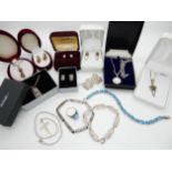 A collection of silver and white metal jewellery to include items by Kit Heath, turquoise and