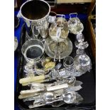A tray lot of EP - wine cooler, sugar scuttles, loose cutlery etc Condition Report: Available upon