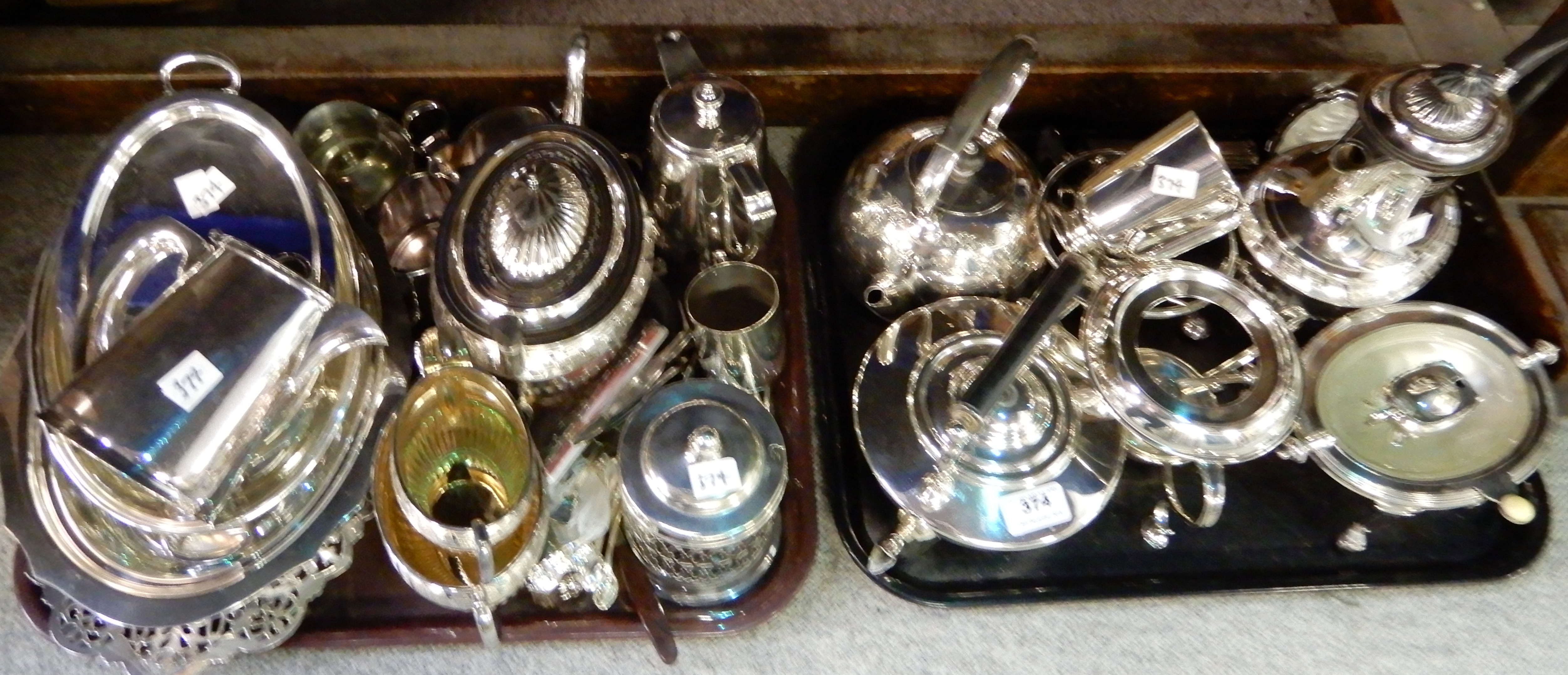 A lot comprising two trays of EP - chafing pan, tea service, kettle, entree dish etc Condition