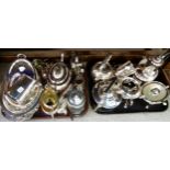 A lot comprising two trays of EP - chafing pan, tea service, kettle, entree dish etc Condition